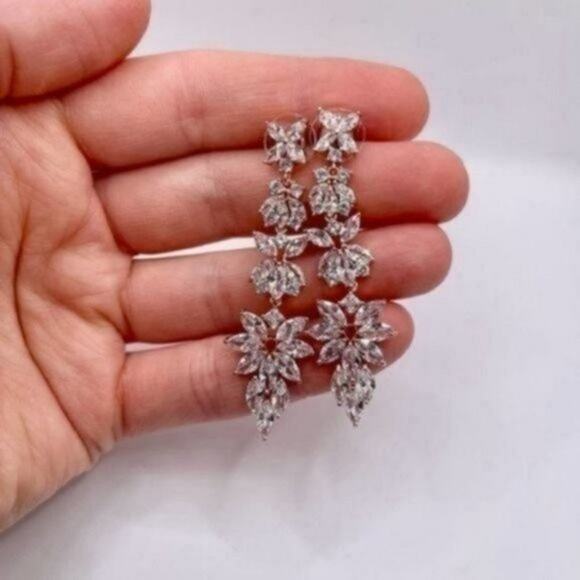 18K Rose Gold Marquise Bridal Drop Dangle Earrings - Picture 2 of 5